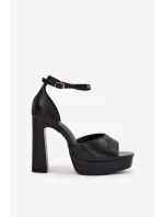 Sandały Damskie Na Słupku I Platformie Eko Skórzane Czarne Lomman