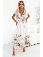 609-1 Saténové maxi šaty s kvetinovým ombre výstrihom - boho elegancia