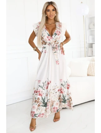 609-1 Saténové maxi šaty s kvetinovým ombre výstrihom - boho elegancia