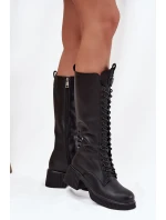 Skórzane Sznurowane Kozaki Na Klocku Ocieplane Vinceza 66804 Czarne