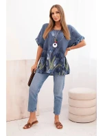 Dámske bavlnené tričko s kvetinovým vzorom denim blue