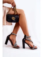 Skórzane Sandałki Na Obcasie Z Cyrkoniami Lewski Shoes 3239 Czarne