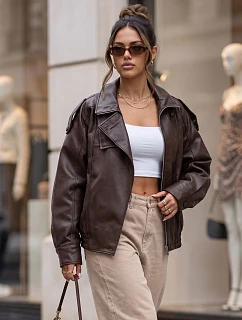 Dámska kožená bunda so stojáčikom, hnedá, FashionStreet TY5961