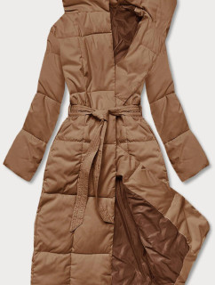 Tmavo béžový dámsky zimný kabát s opaskom (2M-061)