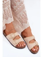 Szydełkowe Klapki Damskie Ze Złotymi Klamrami Beżowe Fenira