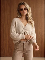 Dámsky oversize sveter so zberaným predným dielom, béžový, FashionStreet MY2647 Dámsky oversize sveter so zberaným predným dielom, béžový, FashionStreet MY2647