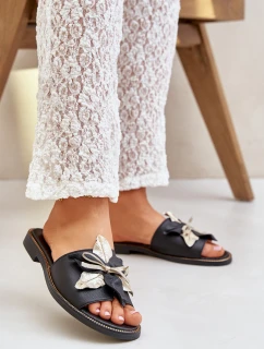 Klapki Z Ozdobą Skóra Naturalna Zazoo 3574/Z Czarne