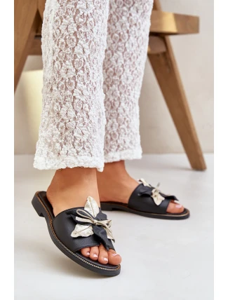 Klapki Z Ozdobą Skóra Naturalna Zazoo 3574/Z Czarne