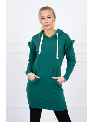 Šaty s ozdobnými volánikmi a kapucňou zelenej farby