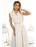 596-1 Elegantná midi košeľa so zlatými gombíkmi a opaskom - BEACH