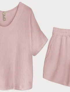 Súprava bavlneného trička a šortiek púdrovo ružová (34437)