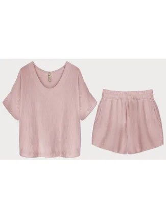 Bavlnená súprava v púdrovo ružovej farbe - tričko a šortky (34437)