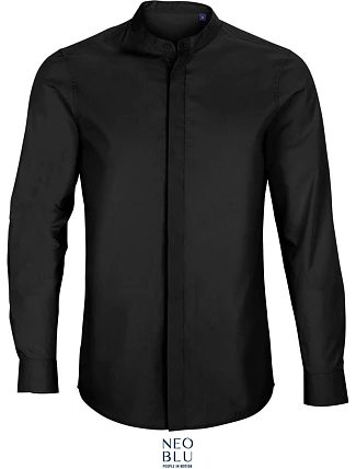 NEOBLU Bart Men Popelínová košeľa s dlhým rukávom a mao golierom 24.3792 deep black