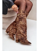 Damskie Kozaki Na Słupku Przed Kolano Panterka Brązowe Portora