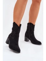 Ażurowe Botki Kowbojki Damskie Na Obcasie S.Barski HY51-125 Czarne