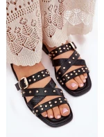 Zdobione Klapki Damskie Na Płaskim Obcasie Z Paskami I Klamrą Czarne Manitte