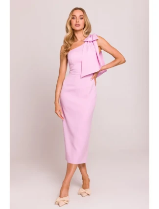 M847 Šaty na jedno rameno s mašľou - cukríkovo ružové