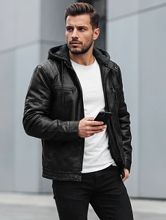 Pánska kožená zateplená bunda s kapucňou, čierna, FashionStreet TX5145