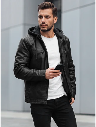 Pánska kožená zateplená bunda s kapucňou, čierna, FashionStreet TX5145 Pánska kožená zateplená bunda s kapucňou, čierna, FashionStreet TX5145