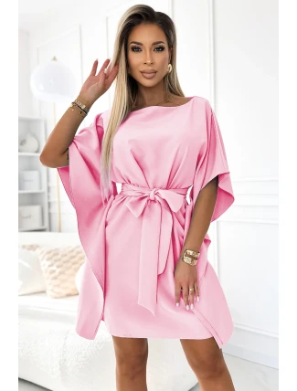 287-30 SOFIA Dámske šaty s motýľom a viazaním v páse - PASTELOVO bledoružové 287-30 SOFIA Dámske šaty s motýľom a viazaním v páse - PASTELOVO bledoružové