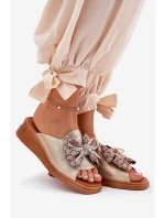 Klapki Damskie Na Koturnie Z Kokardą Złote Moonzella