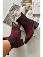 Skórzane Zamszowe Botki Damskie Na Słupku Ocieplane Artiker 57C0048 Bordowe