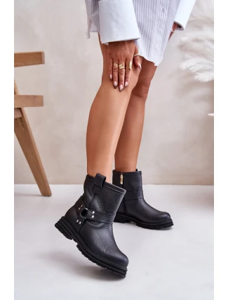 Skórzane Botki Damskie Na Płaskim Obcasie Lewski 3610 Czarne