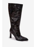 Skórzane Lakierowane Kozaki Damskie Na Obcasie Ocieplane D&A CR52-716 Czarne Skórzane Lakierowane Kozaki Damskie Na Obcasie Ocieplane D&A CR52-716 Czarne