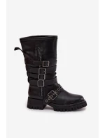 Ocieplane Kozaki Damskie Z Paskami I Klamrami Czarne Ivaline