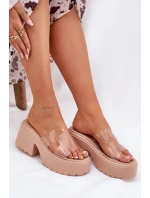 Transparentne Klapki Damskie Na Platformie I Masywnym Obcasie Beżowe Rizana