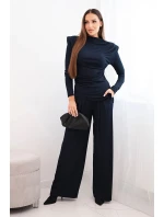 Dámsky bavlnený komplet s blúzkou a širokými nohavicami granátovej farby