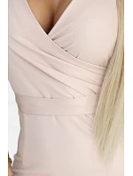 479-13 NINA elegantné šaty s obálkovým výstrihom, rukávmi a opaskom - béžové s trblietkami