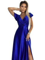 411-11 CRYSTAL saténové dlhé šaty s výstrihom - CHABRERA