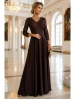 309-14 AMBER elegantné dlhé čipkované šaty s výstrihom - čokoládové