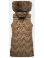 Tmavobéžová dámska vesta s kapucňou a kožušinovým lemom J Style (16M9172-84)