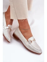 Skórzane Mokasyny Damskie Z Ozdobą Na Płaskim Obcasie S.Barski LR51-594 Srebrne