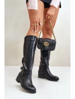 Kozaki Damskie Przed Kolano Na Płaskim Obcasie Z Klamrami Czarne Lotina