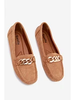 Dámske mokasíny so zlatou retiazkou a imitáciou semišu Camel Amaretto