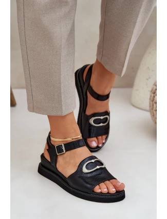 Lakierowane Sandały Damskie Na Koturnie Z Ozdobą Czarne Salianes