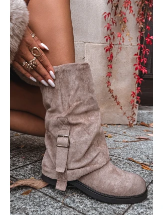 Kozaki Damskie Z Wywiniętą Cholewką Do Połowy Łydki Z Klamrą Khaki Minelle