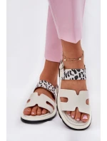 Skórzane Sandały Damskie Na Płaskim Obcasie Panterka Vinceza 66780 Beżowe