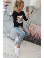 Blúzka s 3D grafikou a ozdobnými volánikmi čierna Blúzka s 3D grafikou a ozdobnými volánikmi čierna