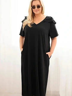Dámske plus size bavlnené šaty s volánom na ramenách čierne