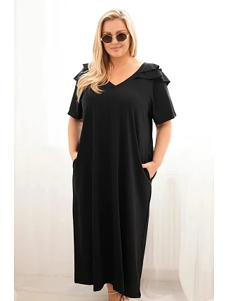 Dámske plus size bavlnené šaty s volánom na ramenách čierne Dámske plus size bavlnené šaty s volánom na ramenách čierne