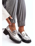 Damskie Skórzane Półbuty Na Masywnym Obcasie Srebrne Lemmitty