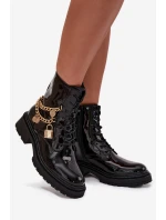 Lakierowane Botki Workery Damskie Ze Złotym Łańcuchem Ocieplane Czarne Sarinae