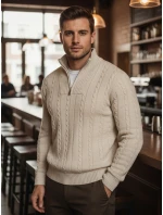 Pánsky sveter so stojacím golierom béžovej farby FashionStreet WX2327 Pánsky sveter so stojacím golierom béžovej farby FashionStreet WX2327