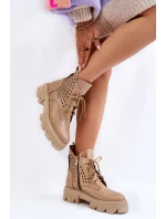Skórzane Workery Z Ażurowym Wzorem Beżowe Abilene