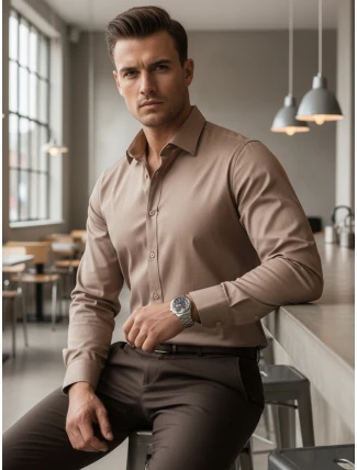 Pánska elegantná hladká béžová košeľa REGULAR FIT FashionStreet DX2686 Pánska elegantná hladká béžová košeľa REGULAR FIT FashionStreet DX2686