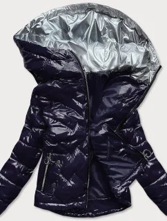 Tmavo modrá prešívaná dámska bunda s kapucňou (R9562)